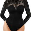 Popilush Long Sleeve Body Suits Womens Tummy Control Open Back Sheer Top Built in Bra Turtleneck Lace Shapewear Bodysuit (Medium, Black)