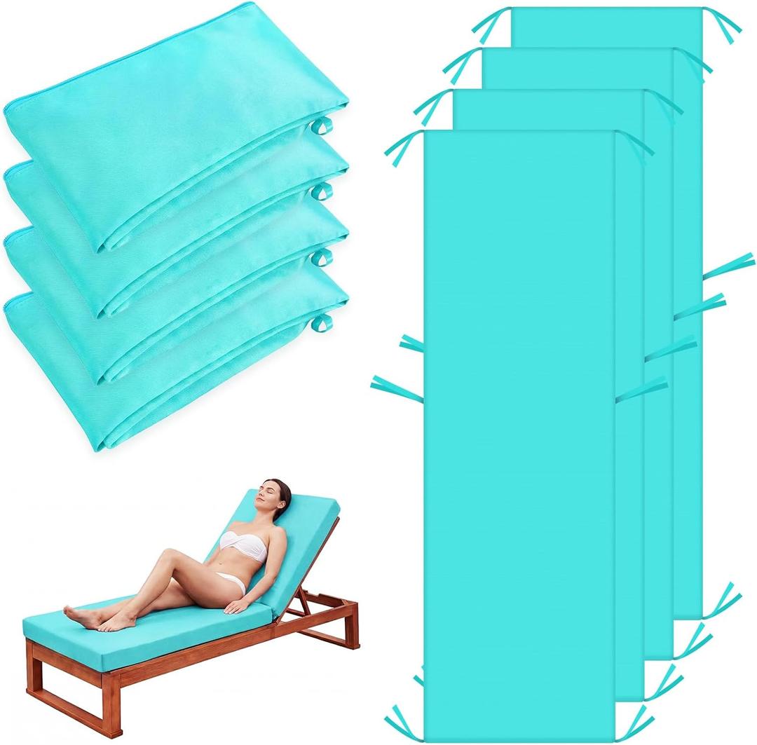 4 Pack Outdoor Chaise Lounge Cushion Covers Waterproof, Patio Lounge Chair Cushion Replacement Covers with Zipper and Ties for Patio Pool (72 x 21 x 3 Inch, Lake Blue, Cushion Not Included)