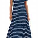 MITILLY Women's 2025 Summer Casual Short Sleeve T Shirt Dress Striped Tiered Swing Beach Maxi Dresses with Pockets (Medium, Navy)