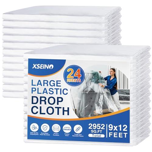 24 Pack 12 x 9 ft 0.4 MIL Large Painter’s Plastic Drop Cloth Painting Sheet-Light & Durable Dust Cover-Clear Plastic Sheet-Plastic Sheeting-Plastic Cover-Paint Drop Cloth- Plastic Floor Protector