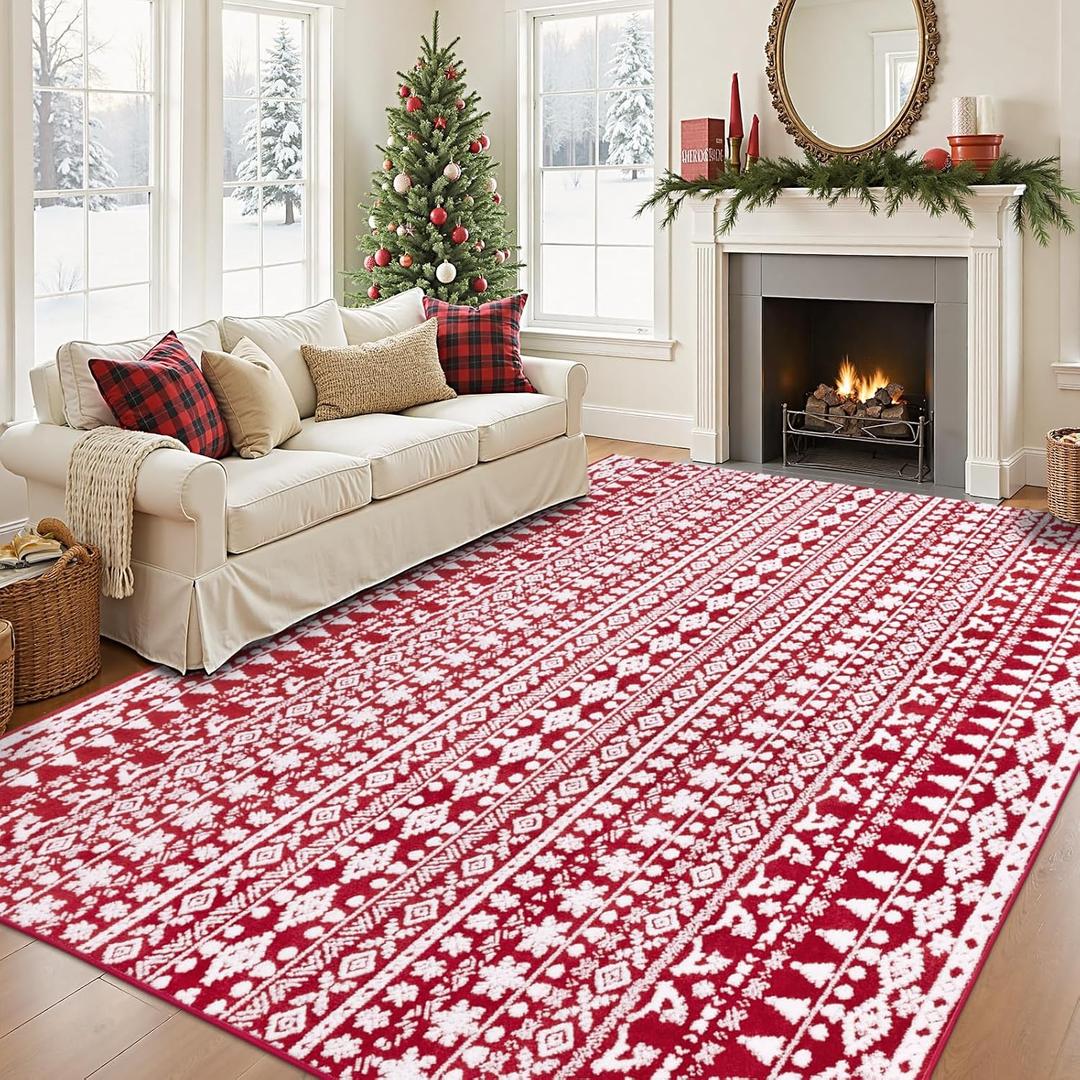Christmas Area Rug 8x10 Christmas Trees Washable Carpet Xmas Red Modern Geometric Accent Rug Large Soft Floor Carpet for Bedroom Dining Room Indoor Home Xmas Holiday Decor