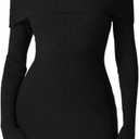 QINSEN Womens Off The Shoulder Sweater Dress Long Sleeve Ribbed Knit Bodycon Y2k Mini Dress Black XS