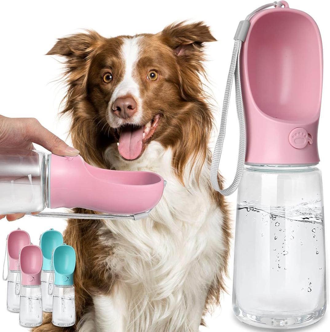 Kalimdor Dog Water Bottle, Leak Proof Portable Puppy Bowl Water Dispenser with Drinking Feeder for Pets Outdoor Walking, Hiking, Travel, Food Grade Plastic (19oz Pink)