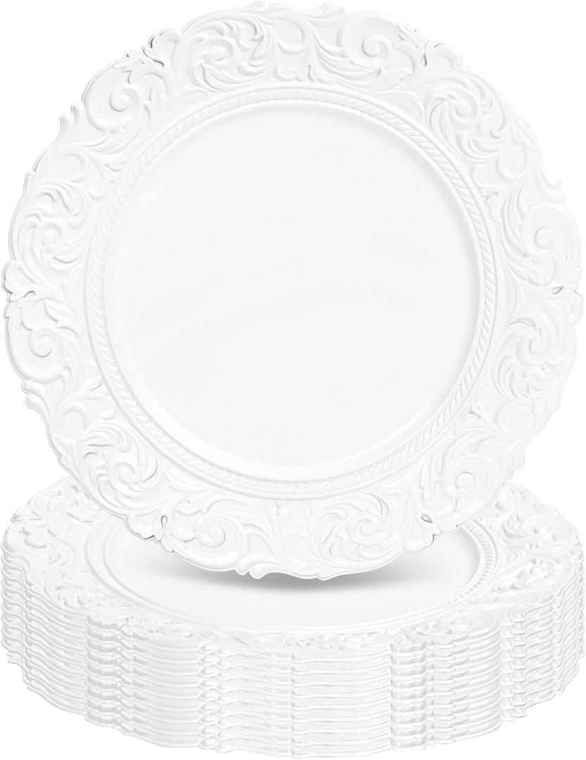 Silver Charger Plates Bulk 100Pcs - 13" Silver Chargers for Dinner Plates, Floral Embossed Decorative Charger Plate for Wedding & Event Kitchen Party Decoration