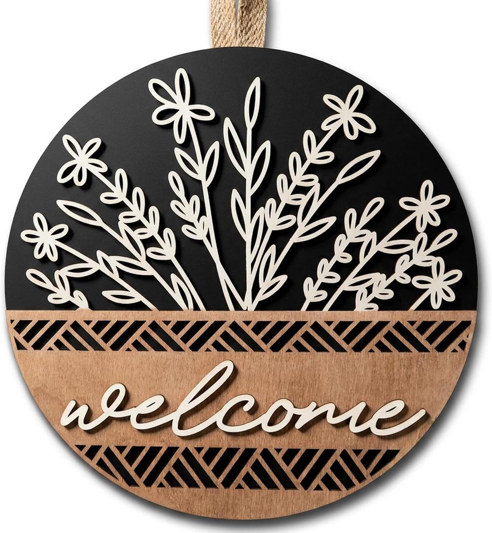 3D Welcome Sign for Front Door, 12" Round Wooden Boho Wreath | Rustic Wood Hanging Sign Decorations for Porch, Wall & Farmhouse. Housewarming Gifts for New Home, Outdoor Spring-Fall