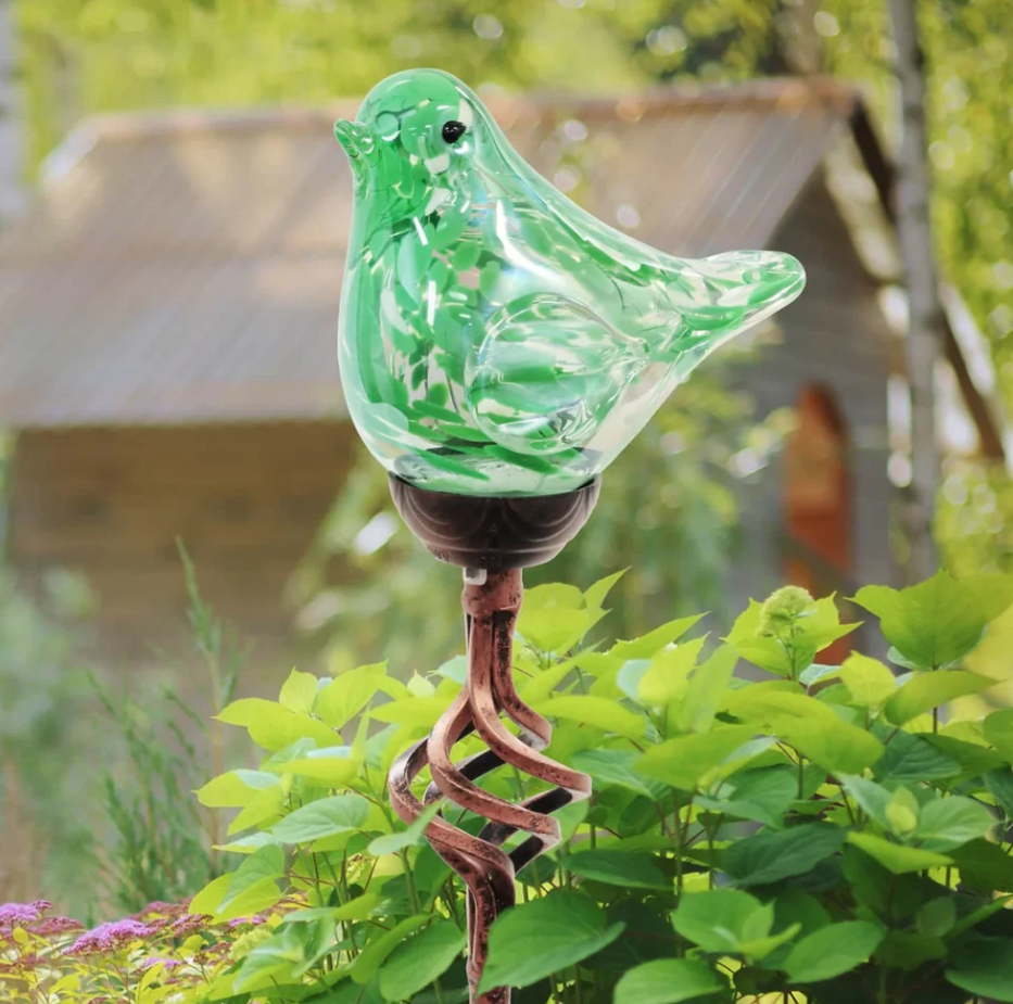 Solar Pearlized Green Glass Bird Garden Stake