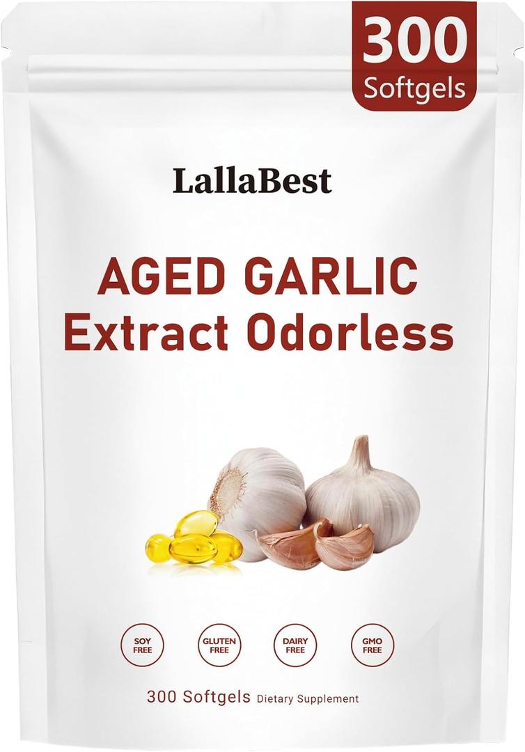 Aged Garlic Extract Capsules | Non-GMO, Gluten-Free | 300 Softgels Odorless Organic Garlic Supplement for Heart & Immune Support | 2 Years Aged Garlic Extract