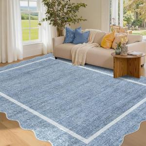 GarveeHome Scalloped Washable Rug 4x6, Blue Boho Living Room Area Rug, Bordered Non-Slip Farmhouse Bedroom Carpet Dorm Room Throw Rug, Low Pile Soft Accent Mat for Kitchen Entry Office 4 ft x6 ft Blue