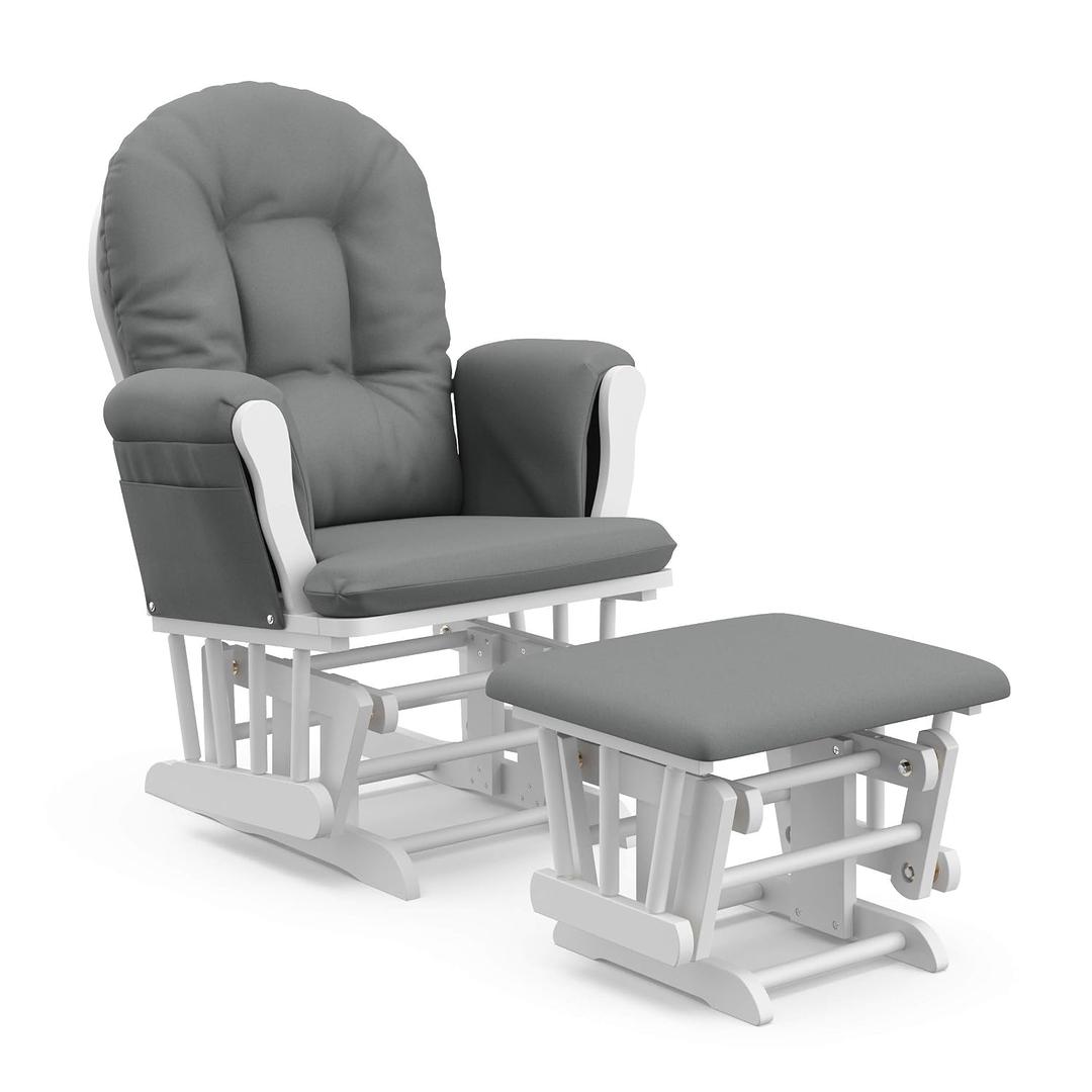 Storkcraft Premium Hoop Glider & Ottoman (White/Gray) GREENGUARD Gold Certified Nursery Glider, Solid Wood Craftsmanship, Smooth-Gliding, Award-Winning