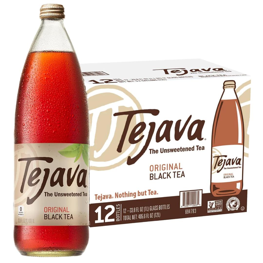 Tejava Original Unsweetened Black Iced Tea, 12 Pack, 1 Liter Glass Bottles, Non-GMO, Kosher, No Sugar or Sweeteners, No calories, No Preservatives, Brewed in Small Batches (EXP 01/26/28)