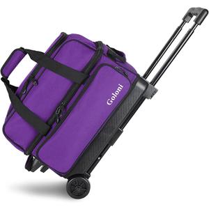 Goloni Double Roller 2 Ball Bowling Bag with Separate Shoe Compartment,2 Ball Bowling Bag with Wheels,Retractable Handle Extends to 40" (Purple)