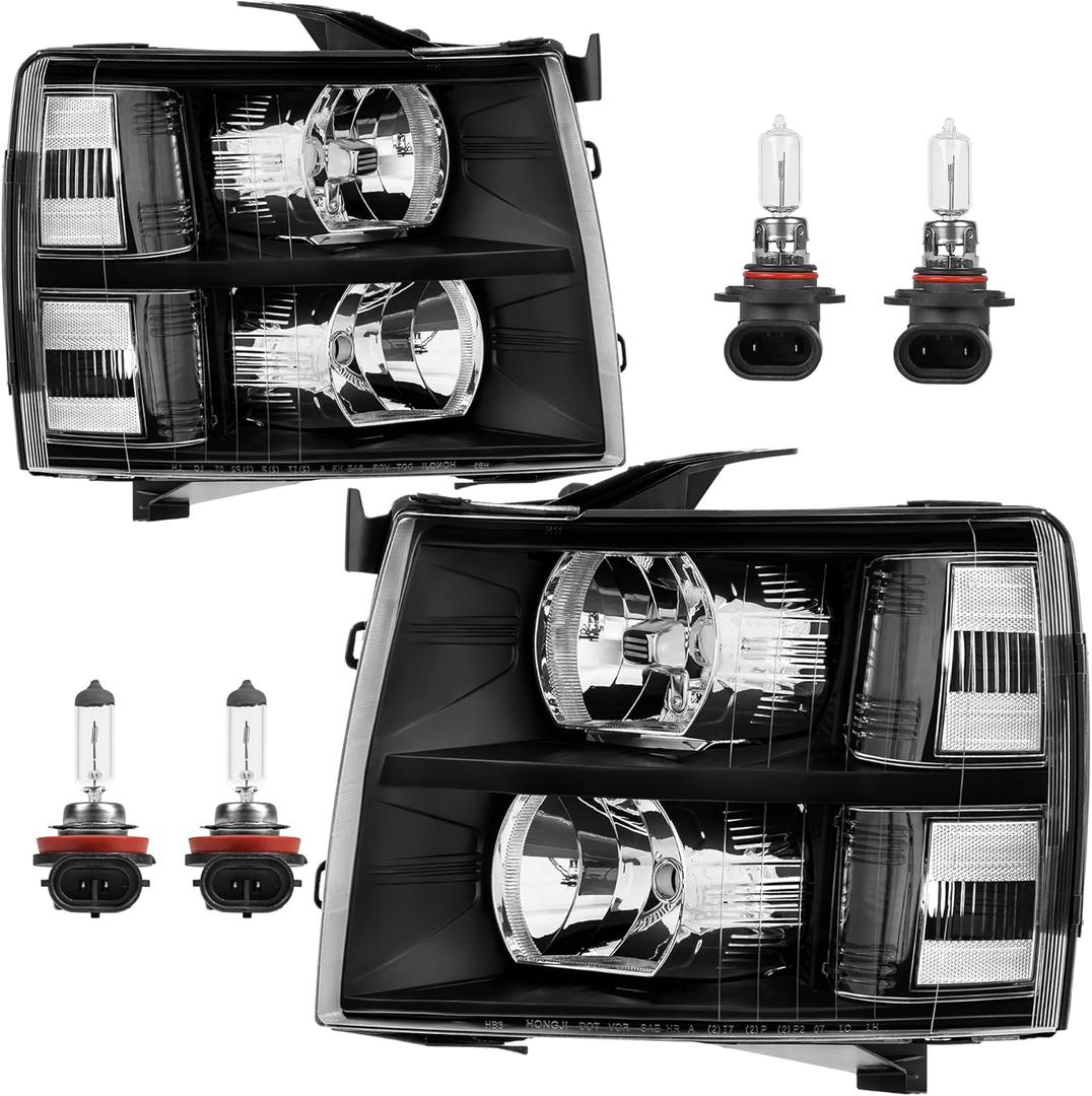 Headlight Assembly Compatible with 2007-2013 Chevy Chevrolet Silverado 1500 2500HD 3500HD Front Lamp with Bulb Black Housing/Clear Lens/Clear Corner (Black/Clear/Clear)