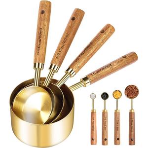 8 Pcs Golden Stainless Steel Measuring Cups and Spoons Set,Wooden Handle Baking Tools with US Measurements,Measuring Cups for Cooking, Baking, Dry & Liquid-Kitchen Baking Supplies