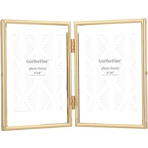 Gold 5x7 Double Floating Frame for Photo Sizes(3.5x5'',4x6''),Classy Metal Rounded Edge Frame Adjustable Tabletop/Shelf Photo Frame,for Wedding,Christmas,Birthady,Home or Office Decor.
