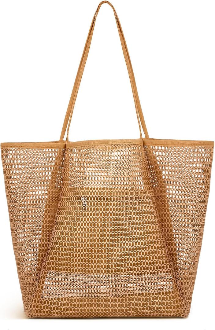 Iioscre Beach Bag for Women, Causal Hobo Pool Bags with Zipper Inner Pocket, Foldable Swim Tote Bag for Vacation Essentials