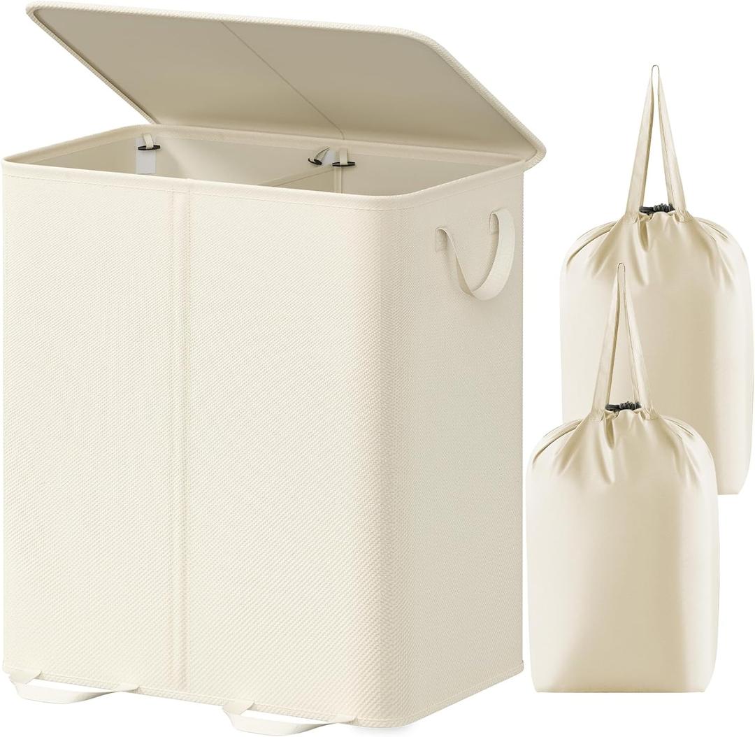 Lifewit Double Laundry Hamper with Lid and Removable Laundry Bags, Large Collapsible 2 Dividers Dirty Clothes Basket with Handles for Bedroom, Laundry Room, Closet, Bathroom, College, 155L Ivory White