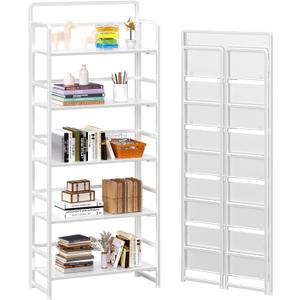 4NM No-Assembly 5 Tiers Folding Bookshelf Storage Shelves Vintage Bookcase Standing Racks Study Organizer Home Office (All White)