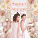 Boho Dusty Pink Birthday Decorations for Women Girls, Blush Beige Gold Metallic Printed Balloons Butterfly Stickers Fringe Curtain Happy Birthday Banner Circle Dots Garland Paper Pompom Party Supplies