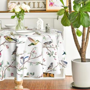 Horaldaily Spring Summer Tablecloth 70x70 Inch Round, Birds Branch Floral Table Cover for Party Picnic Dinner Decor (White)