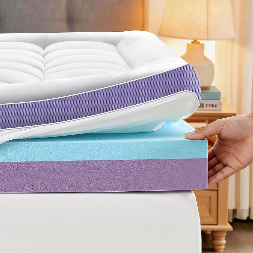 5 Inch Dual Layer Memory Foam Queen Mattress Topper - 2'' Pillow Top Mattress Pad for Back Pain and 2'' Support Foam & 1'' Cooling Gel Memory Foam, Extra Thick Medium Support Bed Topper