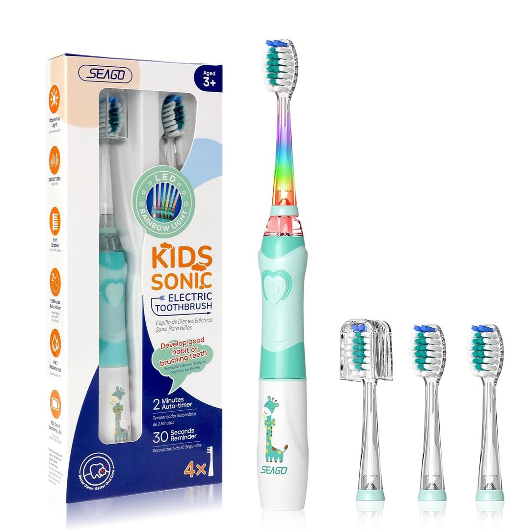 SEAGO Kids Electric Toothbrush with 2 Mins Brushing Timer and 4 Replacement Brush Heads, Rainbow LED Light Make Brushing Fun, Green Color Boys Battery Powered Toothbrush for 4-12 Years Old SG-977