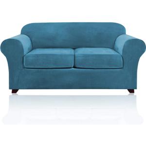 PrinceDeco Velvet Couch Cover Loveseat Covers for 2 Cushion Couch 3 Piece Sofa Covers for Dogs Washable Loveseat Covers Width Up to 72 Inch No Slip Stretch Sofa Slipcover(Medium, Blue)