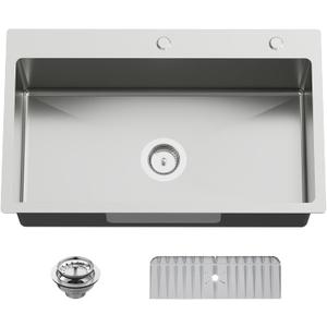 30x18 In Drop Inch Kitchen Sink-Stainless Steel Topmount Modern Single Bowl Kitchen Sink Come With Silicon Mat, Drain Strainer Set Offer Large Basin And Compatibility With Various Kitchen&Bar Style, 30X18X9 Inches