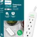 Philips 3-Outlet Grounded Extension Cord, Long Extension Cord, Flat Plug Surge Protection Power Strip, 300 Joules, UL Listed, White, SPP3433BB/37