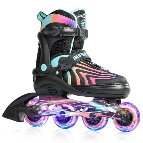 SUPER YOUNGSTER Girls Inline Skates for Boys Kids Ages 4-12, Adjustable Light Up Roller Skates for Youth Teens Ages 8-12, Beginner Blades for Women Adults, Size L , US 4-7, Neon