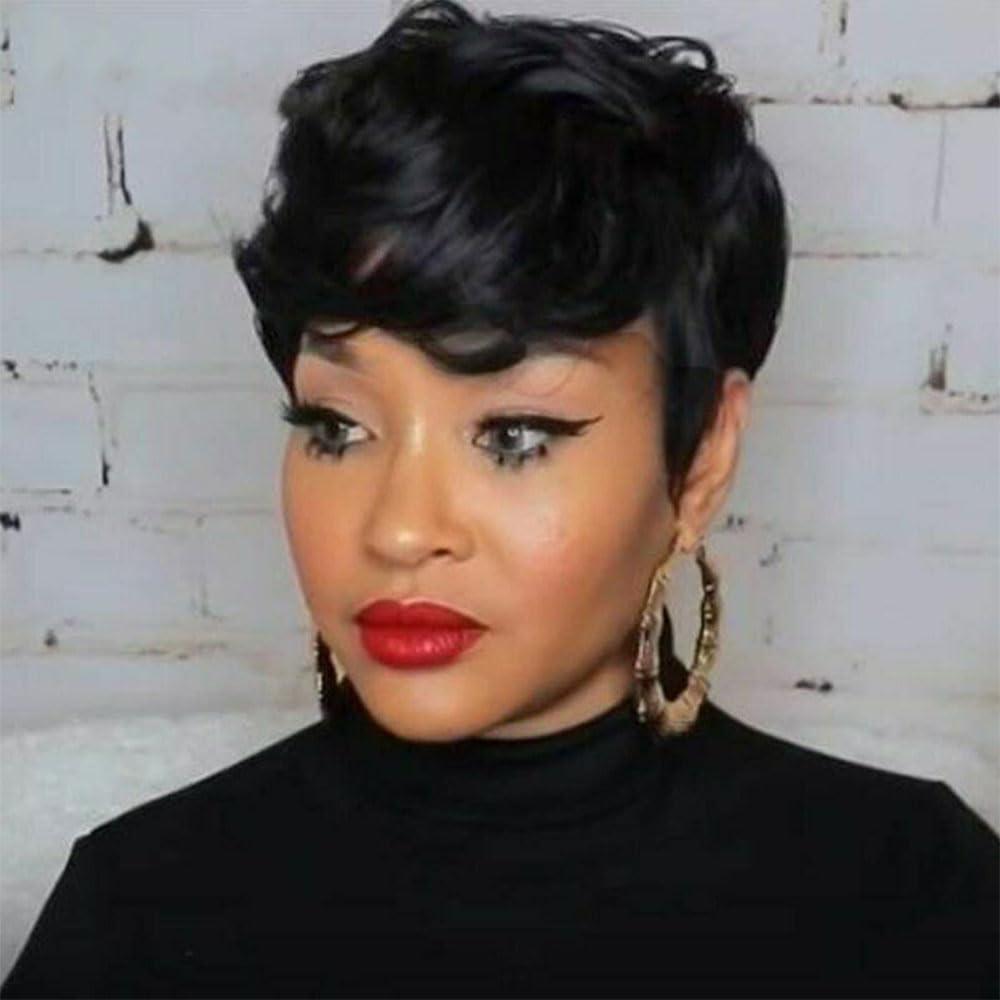 MOONSHOW Short Curly Wigs for Black Women Pixie Cut Wig Black Short Pixie Wigs for Black Women Pixie Cut Curly Wig with Bangs Black Pixie Wigs for Women