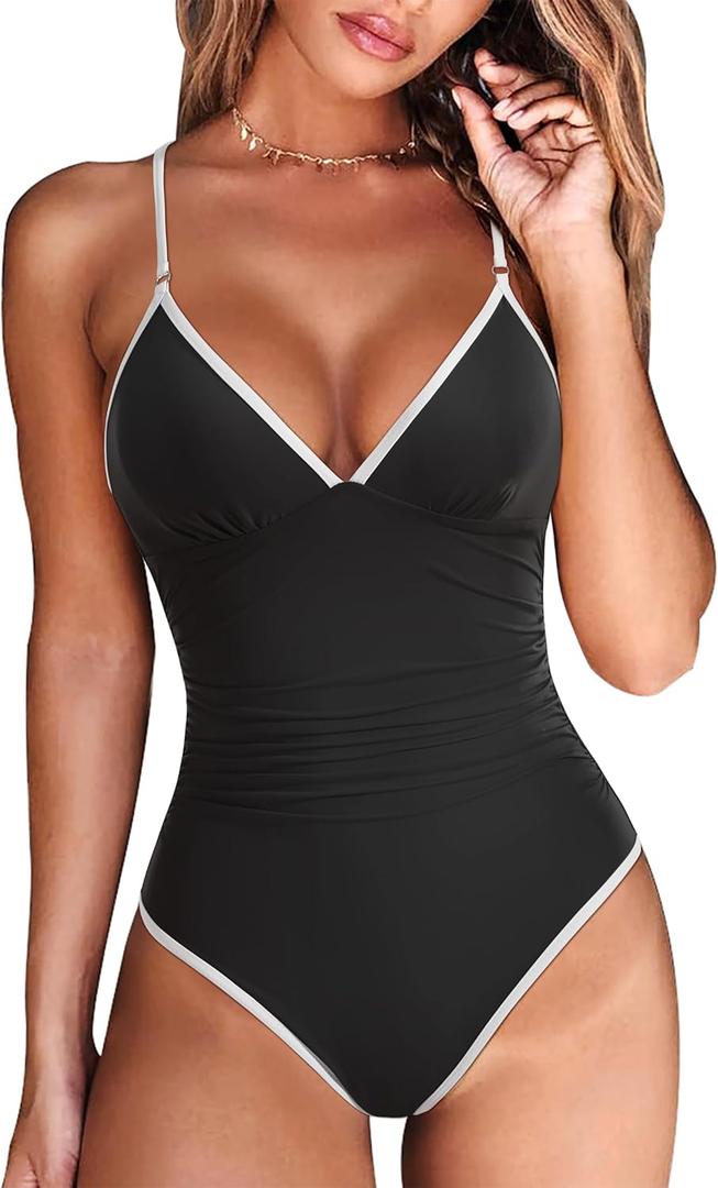 RXRXCOCO Womens One Piece Swimsuits Tummy Control Criss Cross Back Color Block V Neck Bathing Suit (Medium, Black and White)