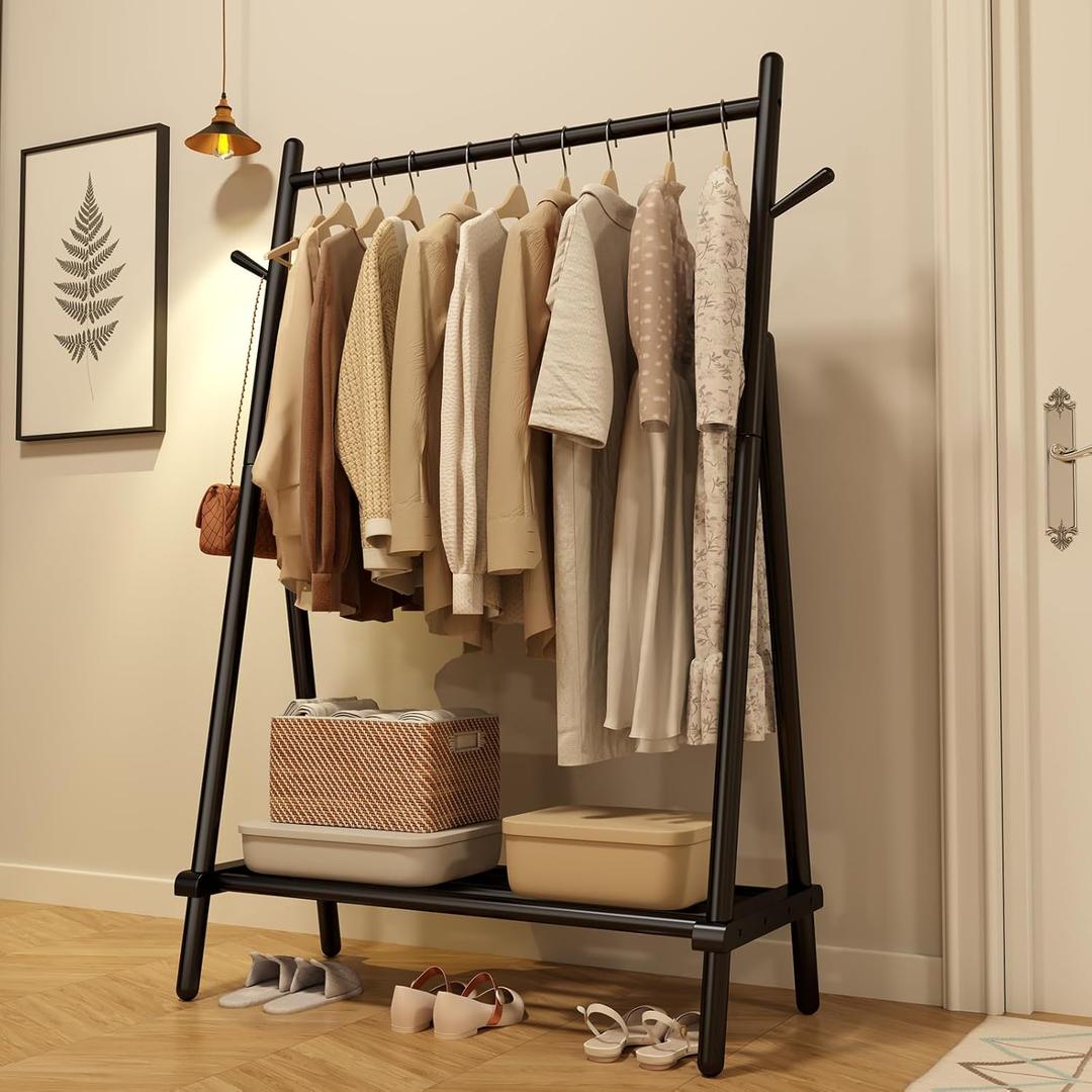 Solid Wood Clothes Rack, Clothing Rack for Hanging Clothes, Hanging Racks for Clothes with Shelves Load 350 Lbs Garment Rack (Black)
