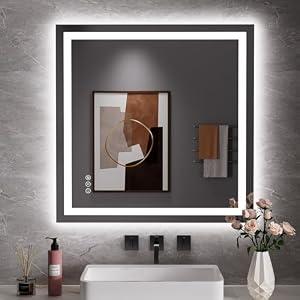 JISOSO 36"x36" LED Bathroom Mirror, Front/ Backlit Light, Anti-Fog, Memory Function, Smart Bathroom Vanity Mirror, Tempered Glass
