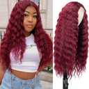 Mairead 28 Inch Long Curly Synthetic Lace Front Wigs for Women Burgundy Red Loose Deep Wave Synthetic Wig 4" Fake Scalp Middle Part Natural Looking Crimps Curls Synthetic Hair Replacement Wigs (Bug#)