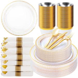 350PCS Clear Plastic Plates with Gold Trim for 50 Guests, Disposable Dinnerware Set for Party & Wedding, Includes 100 Plastic Plates, 50 Pre Rolled Napkins with Gold Silverware, 50 Cups (50 Guests Set)