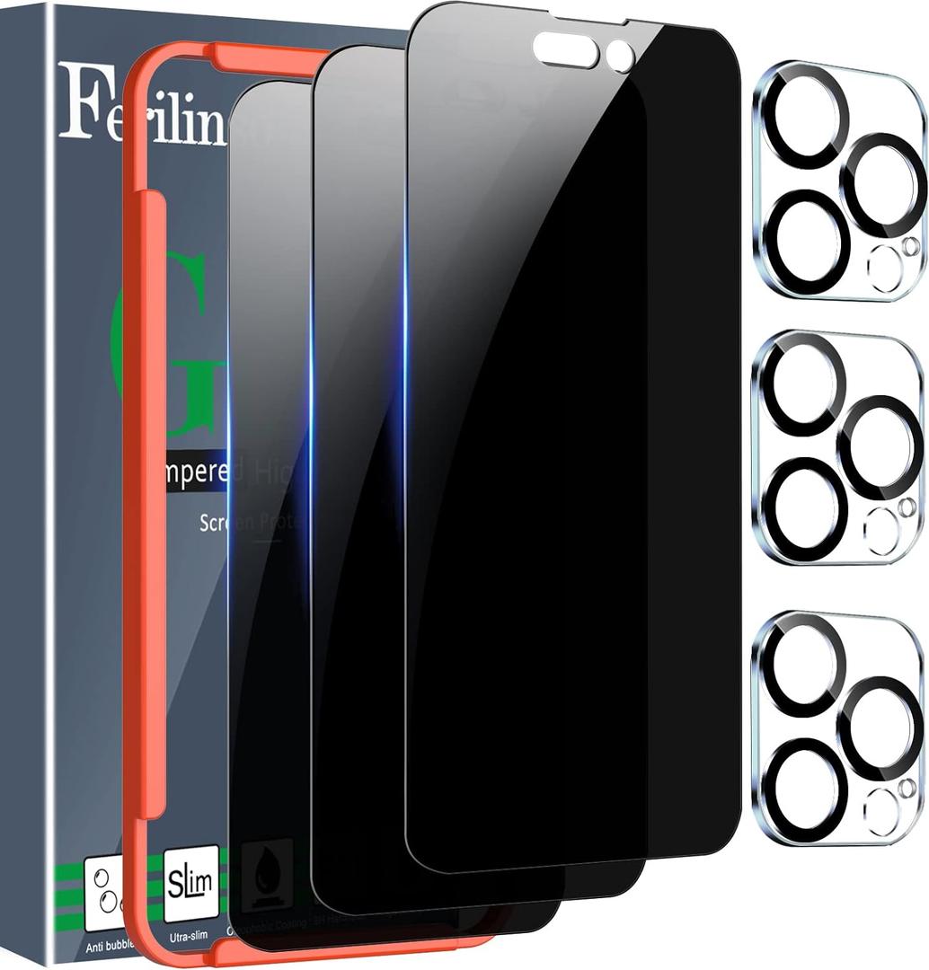Ferilinso 3 Pack for Apple iPhone 14 Pro Max Privacy Screen Protector Tempered Glass Accessories 9H Anti Spy Privacy Screen for iPhone 14 Pro Max 3 Pack Camera Lens Protector