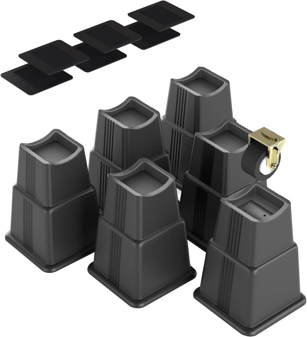 Adjustable Bed Furniture Risers 12 Pack Bed Lift Risers Elevation in Heights 3, 5 or 8 Inches Heavy Duty for Caster Wheels or Posts of Bed Table Couch, Support up to 2500 lbs. (8 Inch, Black)