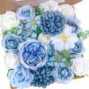 Light Blue Flowers Artificial Roses Combo Set Fake Blue Silk Flowers Faux Peony Flowers Mix Hydrangea Dahlia with Stems for Wedding Bouquets Baby Bridal Shower Party Floral Arrangements Decor