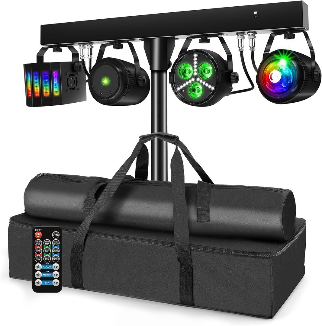 Telbum DJ Lights with Stand, Party Bar Gig Lighting Package with Carry Bag, Sound Activated Disco Lights for Parties DMX & Remote Control, LED Stage Lighting System for Booth, Band, Wedding, Shows