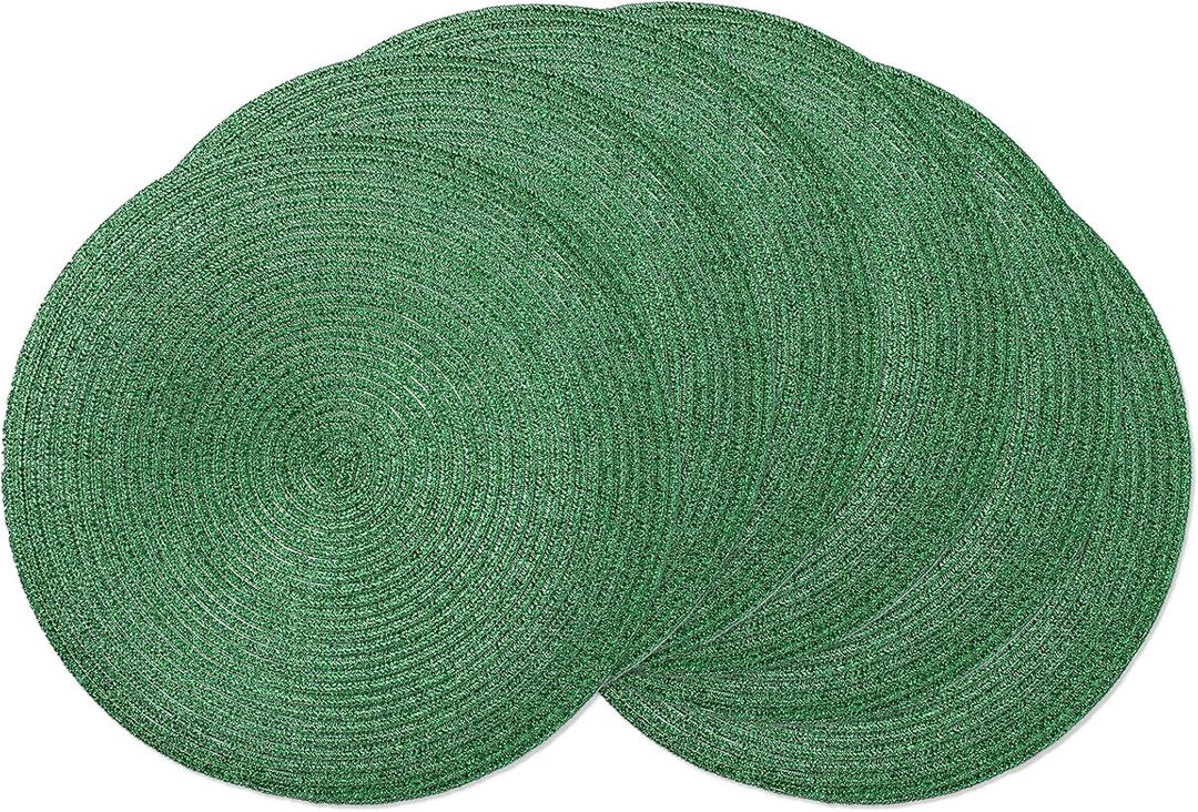 AHHFSMEI Round Braided Placemats 15 Inch Round Table Mats for Dining Tables Natural Woven Heat Resistant Place mats Set of 6 (Green Shine)