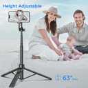 Selfie Stick Travel Tripod for Cell Phone with Remote Control and Phone Holder, Extendable Selfie Stick for iPhone, iPhone Tripod for Video Recording, 63 Inch, Black