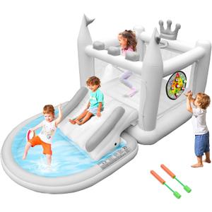 Inflatable Water Slide for Kids, PVC Bouncy Castle Outdoor with Slide, Bounce House, Basketball Hoop, Pool, Rings, Target Game, Jumping, Pump Included, 133"L x 70"W x 65"H