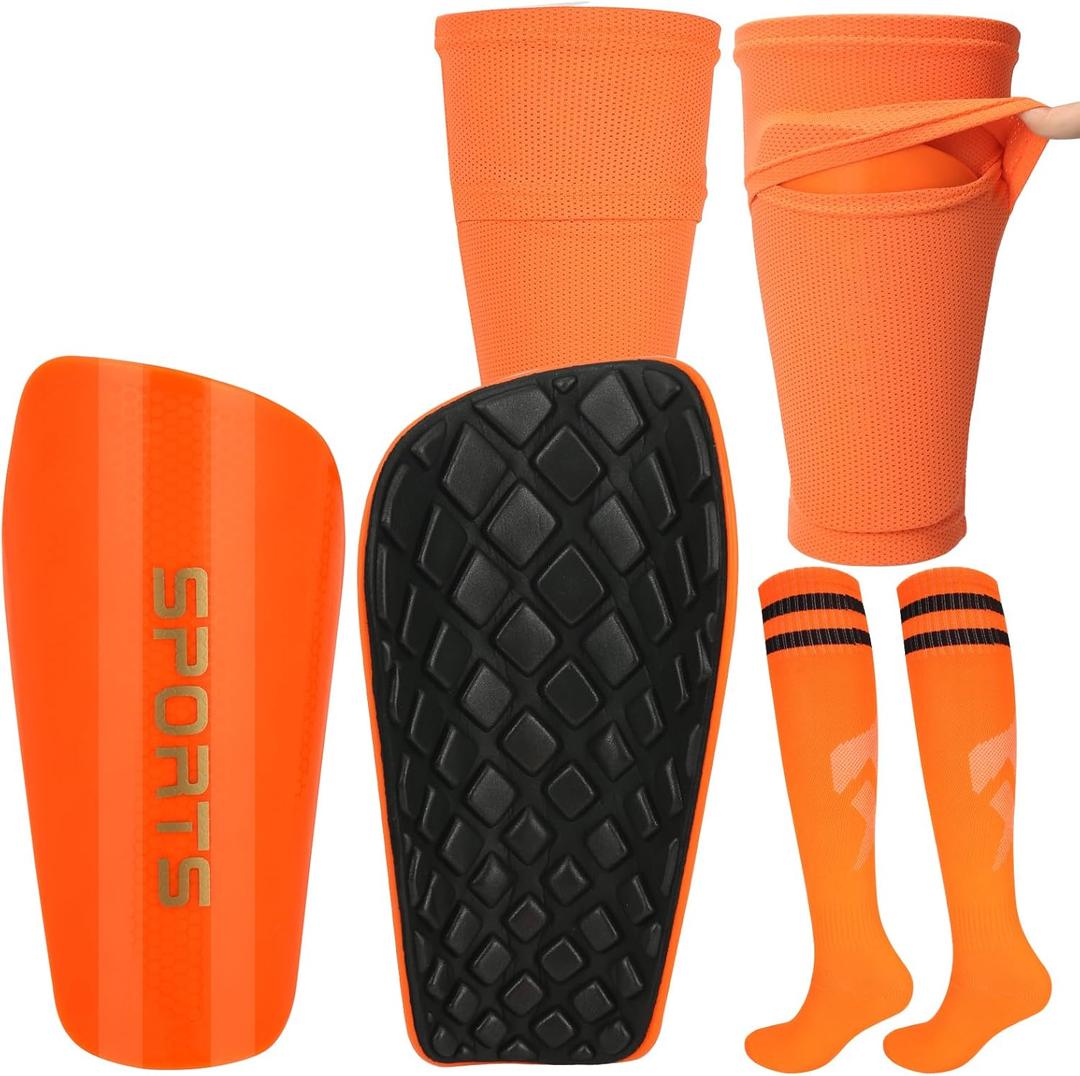 Soccer Shin Guards for Kids Youth, Protective Soccer Shin Pads & Sleeves with Optimized Insert Pocket & Long Soccer Socks for Children Teens Boys Girls (Large, Orange)