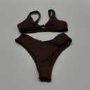 geluboao Bikini Set for Women Solid V Neck Knot Front Push Up High Leg Thong Two Piece Swimsuit (Small, Brown)