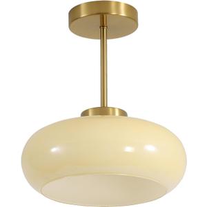 BOKT Large Yellow Glass Semi Flush Mount Ceiling Light Antique Brass Ceiling Light Dome Glass Close to Ceiling Light Vintage Ceiling Light Fixture Cream Schoolhouse Single Ceiling Lamp, BC1125-Y