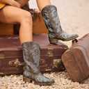 DREAM PAIRS Women's Cowboy Boots Mid Calf Cowgirl Boots Square Toe Chunky Heel Embroidery Stitched Western Boots,Size 10,Brown