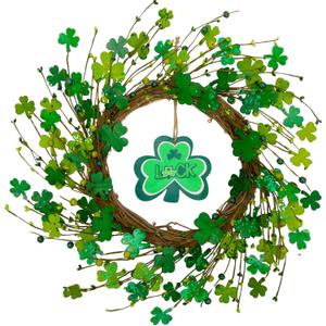 20 inch St. Patrick's Day Shamrocks Wreath for Front Door Handmade St. Patrick's Day Decorations Glitter Clover Wooden Sign Home Wall Window