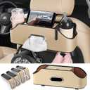 Car Rear Backseat Extra Multifunctional Drink Cup Holder Organizers With Tissue Storage Box Organizer & Hooks For Car Seat Back, Beige