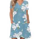 PLOKNRD Women's Casual Dress Summer Short Sleeve T-Shirt Dress Crew Neck Basic Dresses 2025 (Flower White Blue, 2XL)