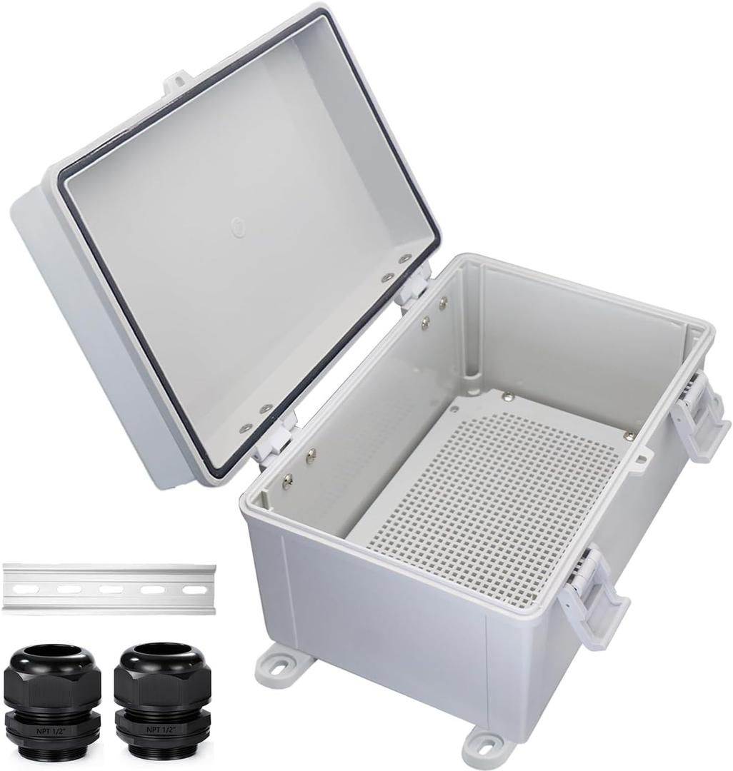 Waterproof Electrical Box Dustproof Junction Box Weatherproof IP67 ABS Plastic Enclosure Switch Router Project Box with Mounting Plate with Wall Bracket 2 Cable Glands Grey 11.8"x7.9"x6.7"